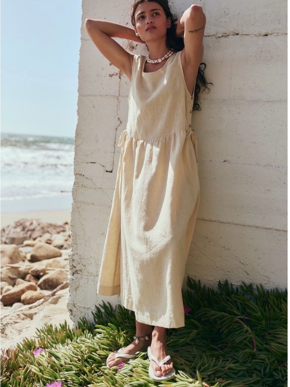 Free People Madeline Casual Cream Linen Midi Dress